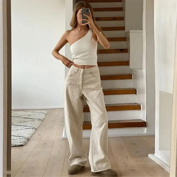 Zinnia flared broek dames | Casual beige lage taille broek met losse pasvorm