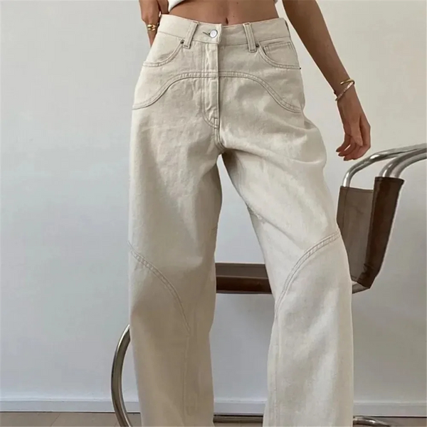 Zinnia flared broek dames | Casual beige lage taille broek met losse pasvorm