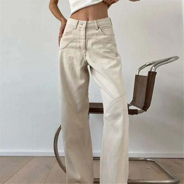 Zinnia flared broek dames | Casual beige lage taille broek met losse pasvorm