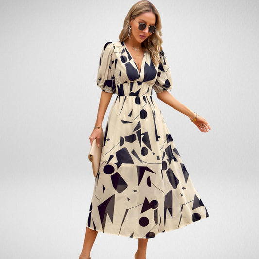 Zyla - Abstracte Print Maxi Jurk Met Pofmouwen