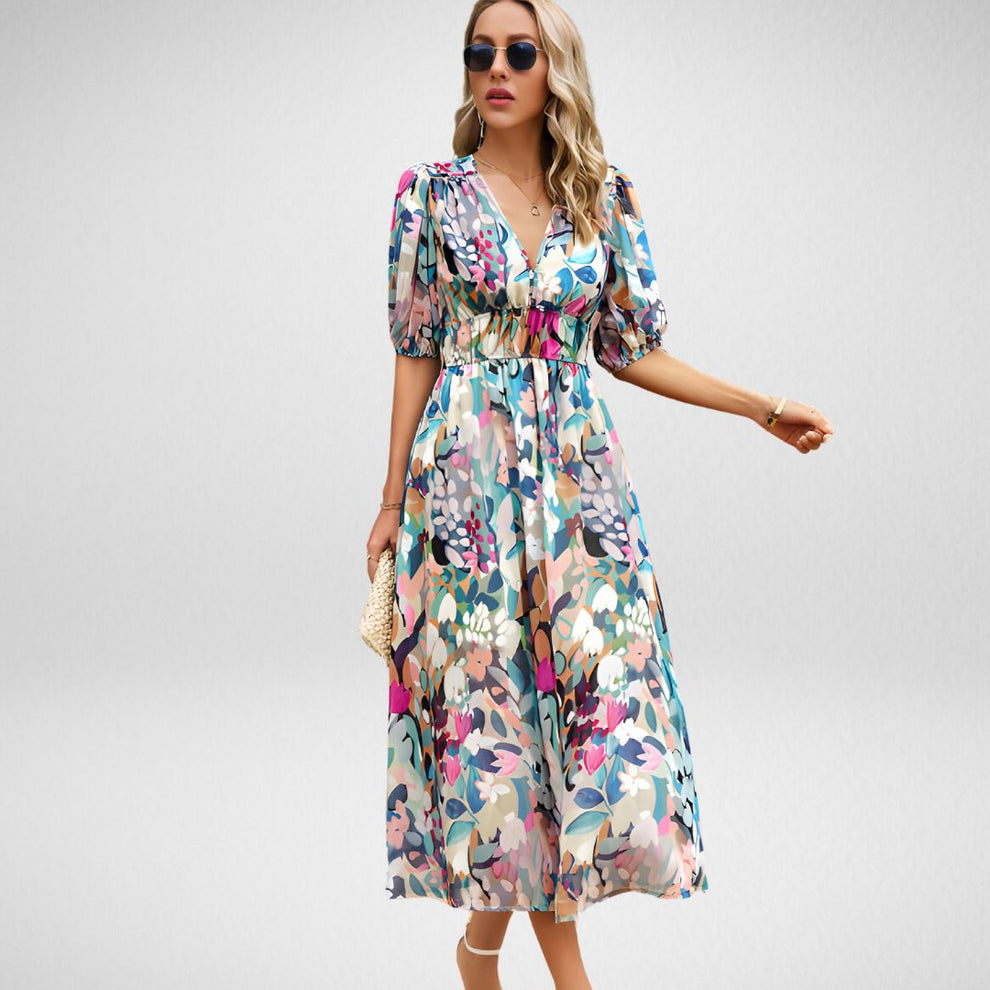 Maxi-Jurk met Abstracte Print | Damesjurk met Pofmouwen en Elastische Taille