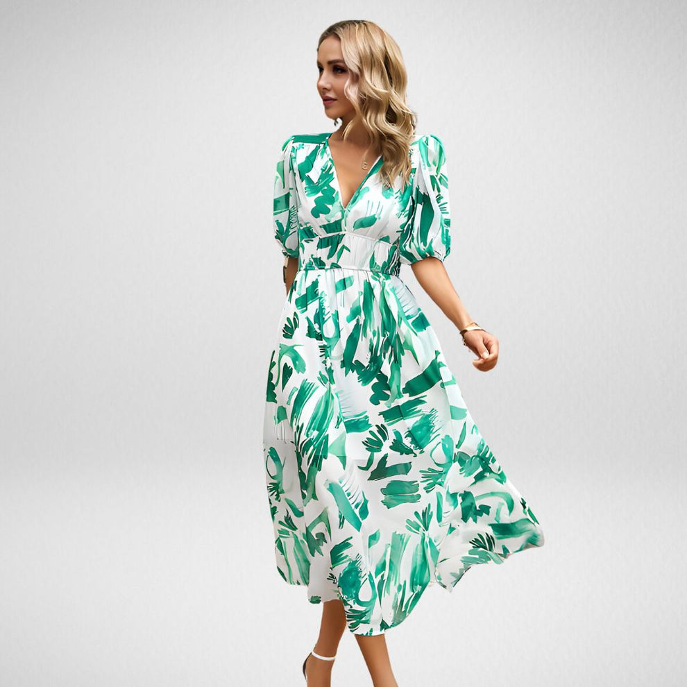 Maxi-Jurk met Abstracte Print | Damesjurk met Pofmouwen en Elastische Taille