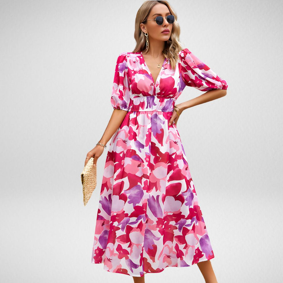 Maxi-Jurk met Abstracte Print | Damesjurk met Pofmouwen en Elastische Taille